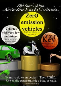 Save the Earth Competition, Electric vehicles, electric scooters, hybrid vehicles, low emission vehicles, don’t idle, public transport